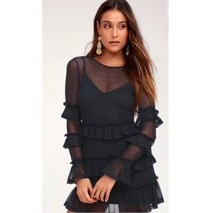 National Navy Blue Long Sleeve Ruffle Dress